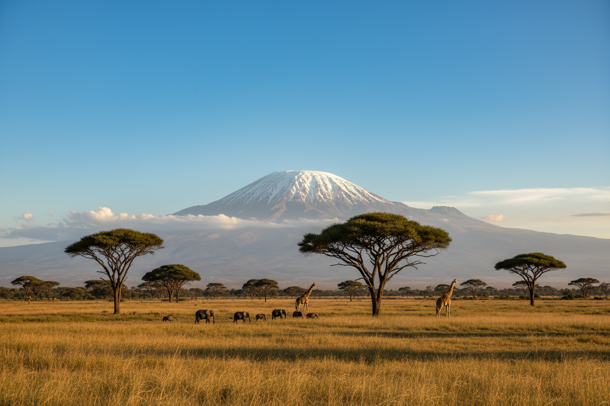 Scenic view of Mount Kilimanjaro with trees and animals in the foreground