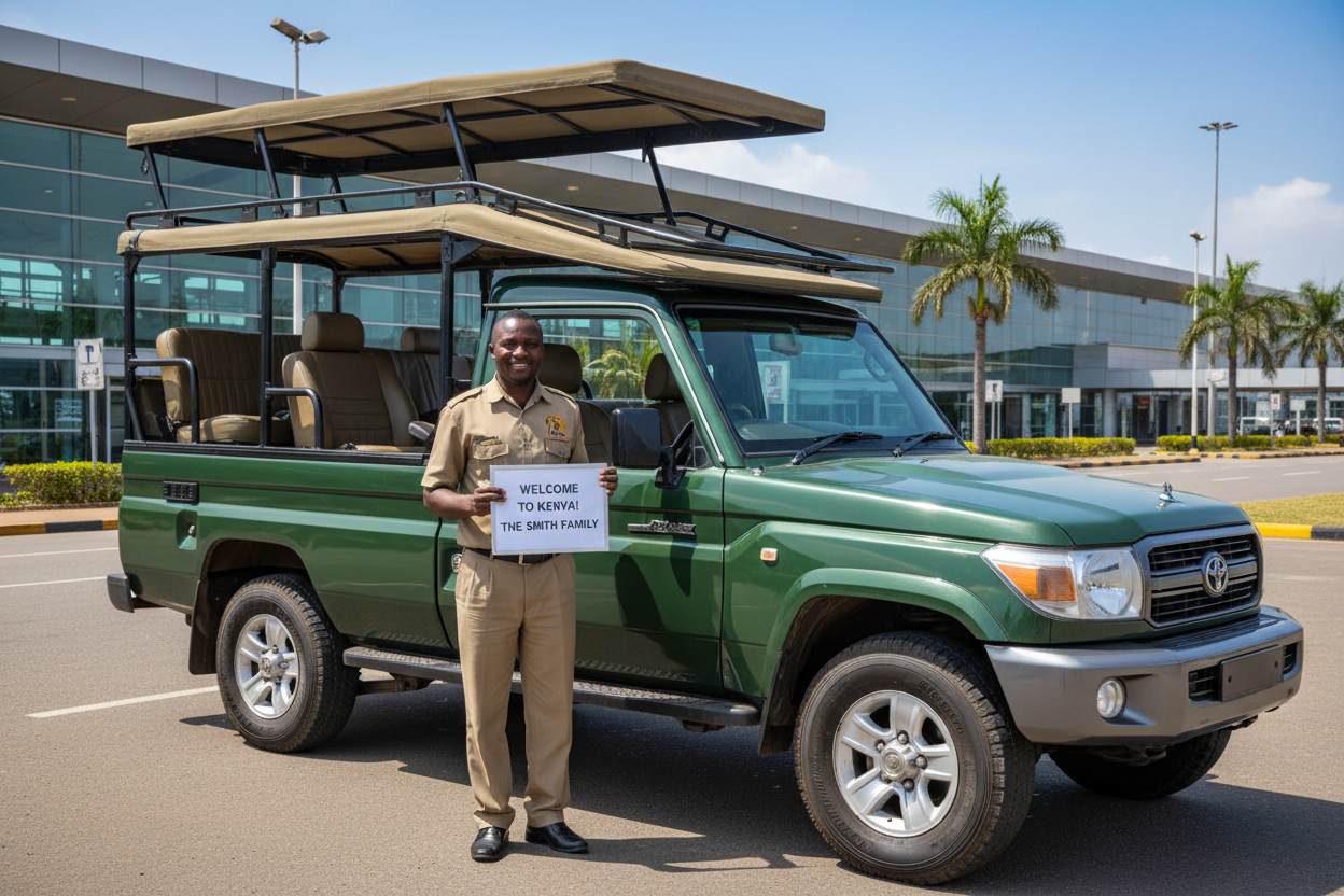 Man holding a sign in front of a green safari vehicle with a building and palm trees in the background.