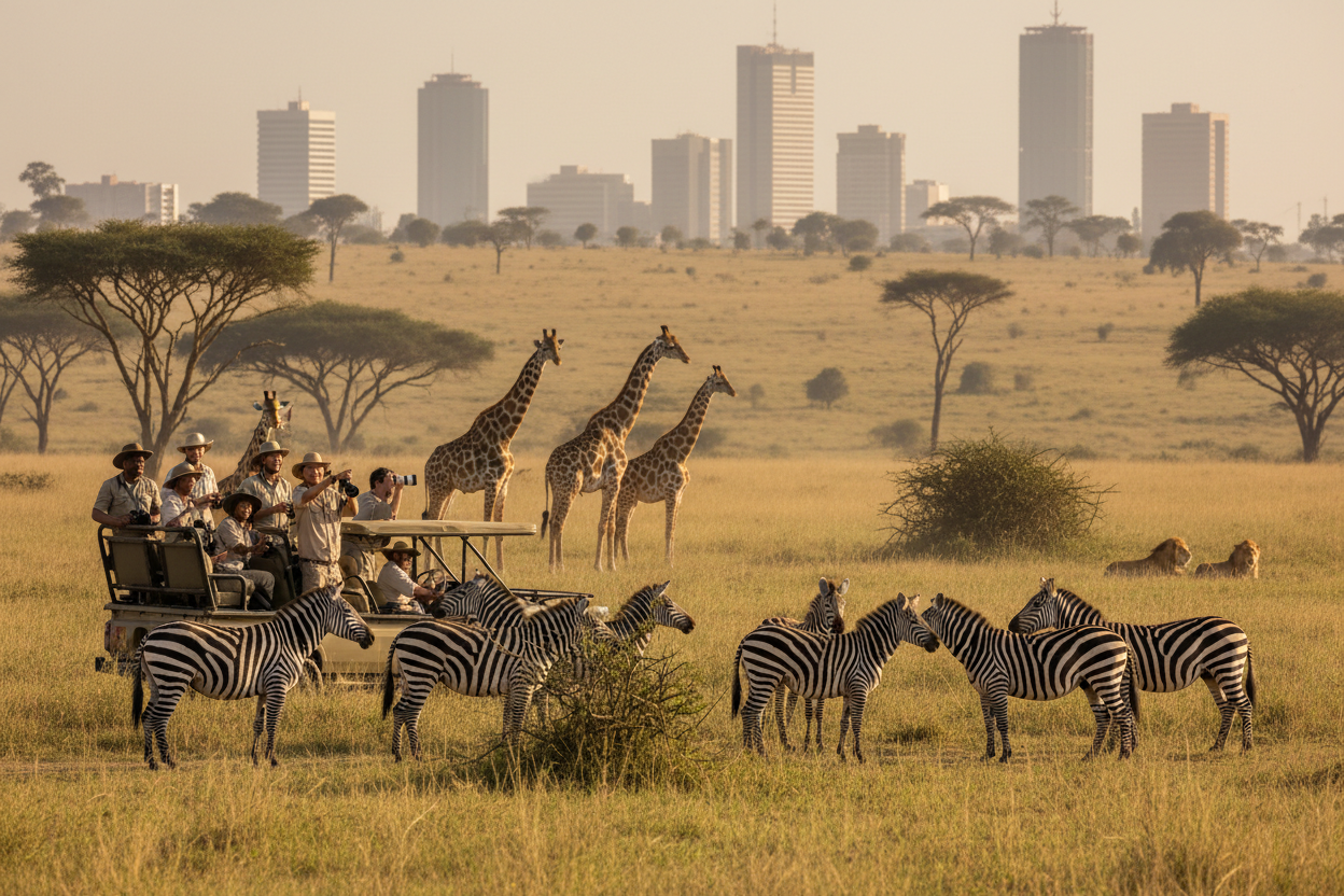 Safari scene with zebras, giraffes, and tourists in a vehicle in a grassland with city skyline in the background.