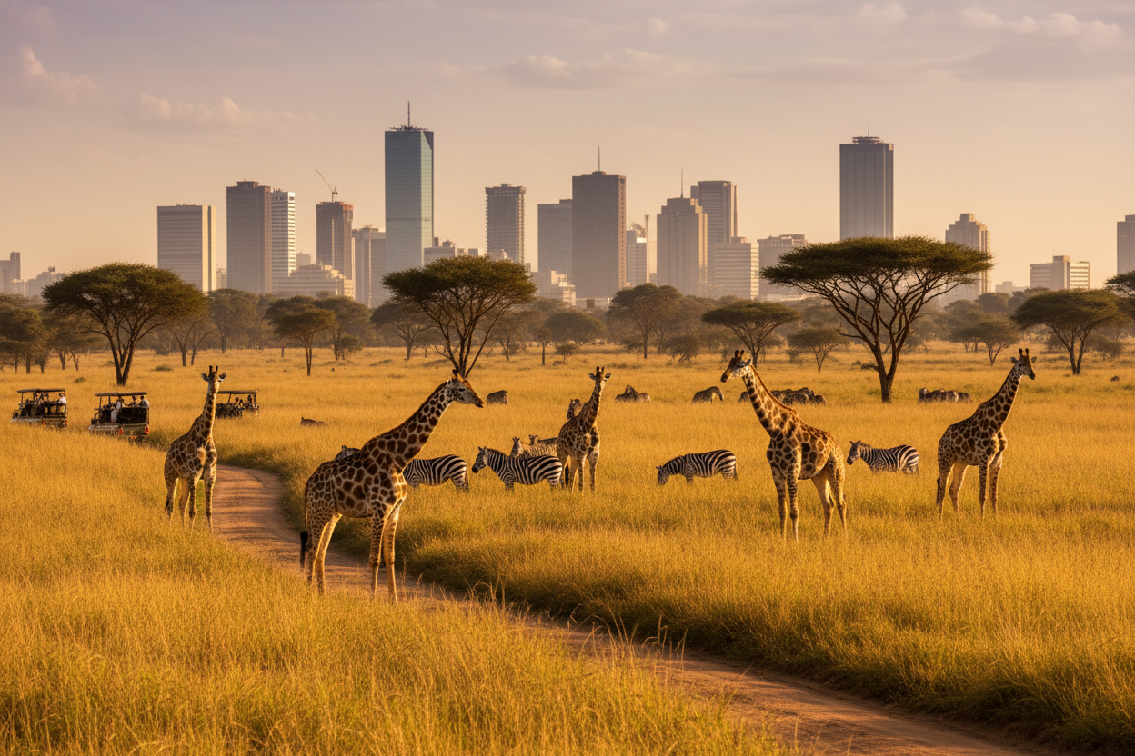 Giraffes and zebras in a savanna with a city skyline in the background