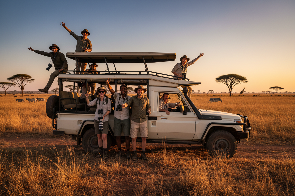 Group of people on an off-road vehicle in a savannah at sunset