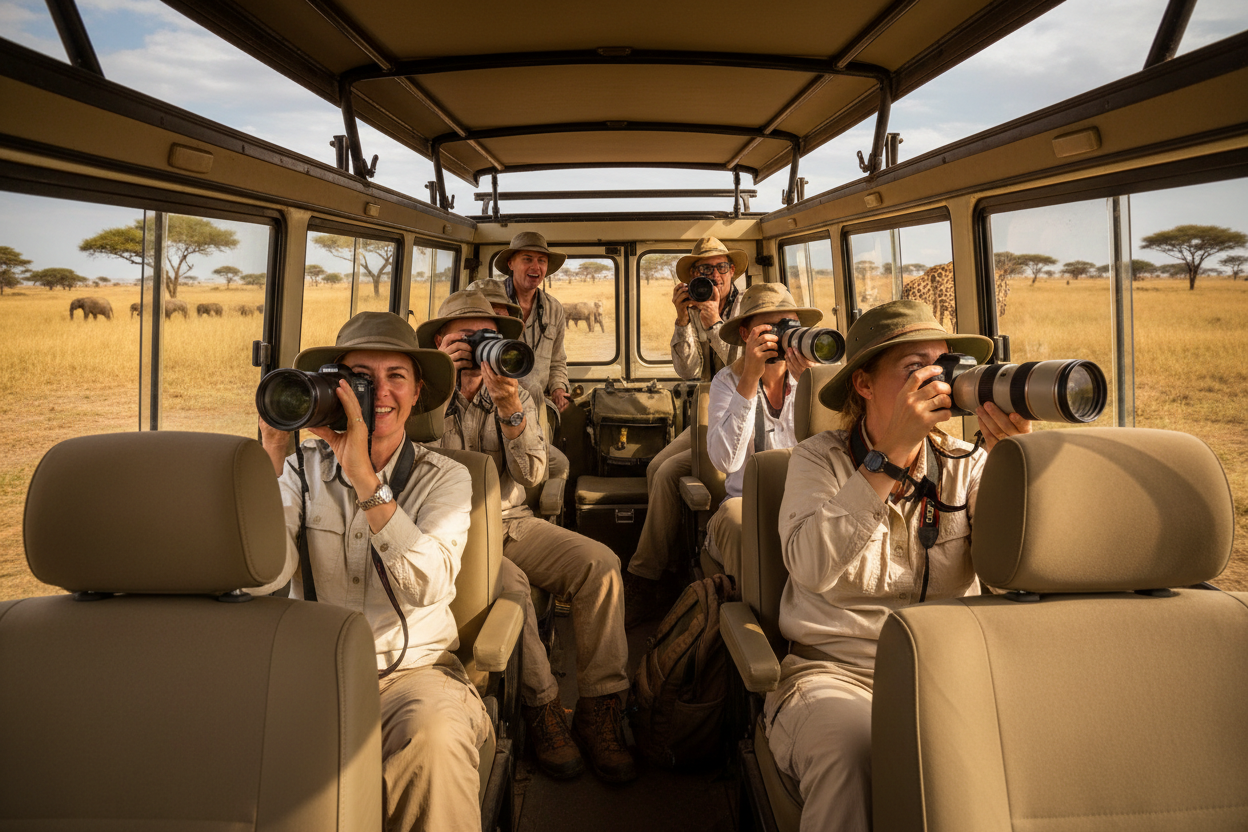 Group of people on a safari inside a vehicle, taking photos of elephants in the wild.