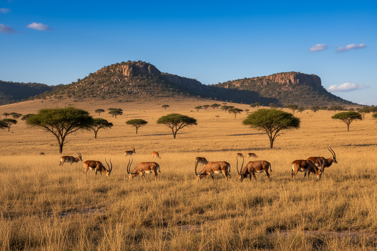 Savannah landscape with antelopes and mountains in the background