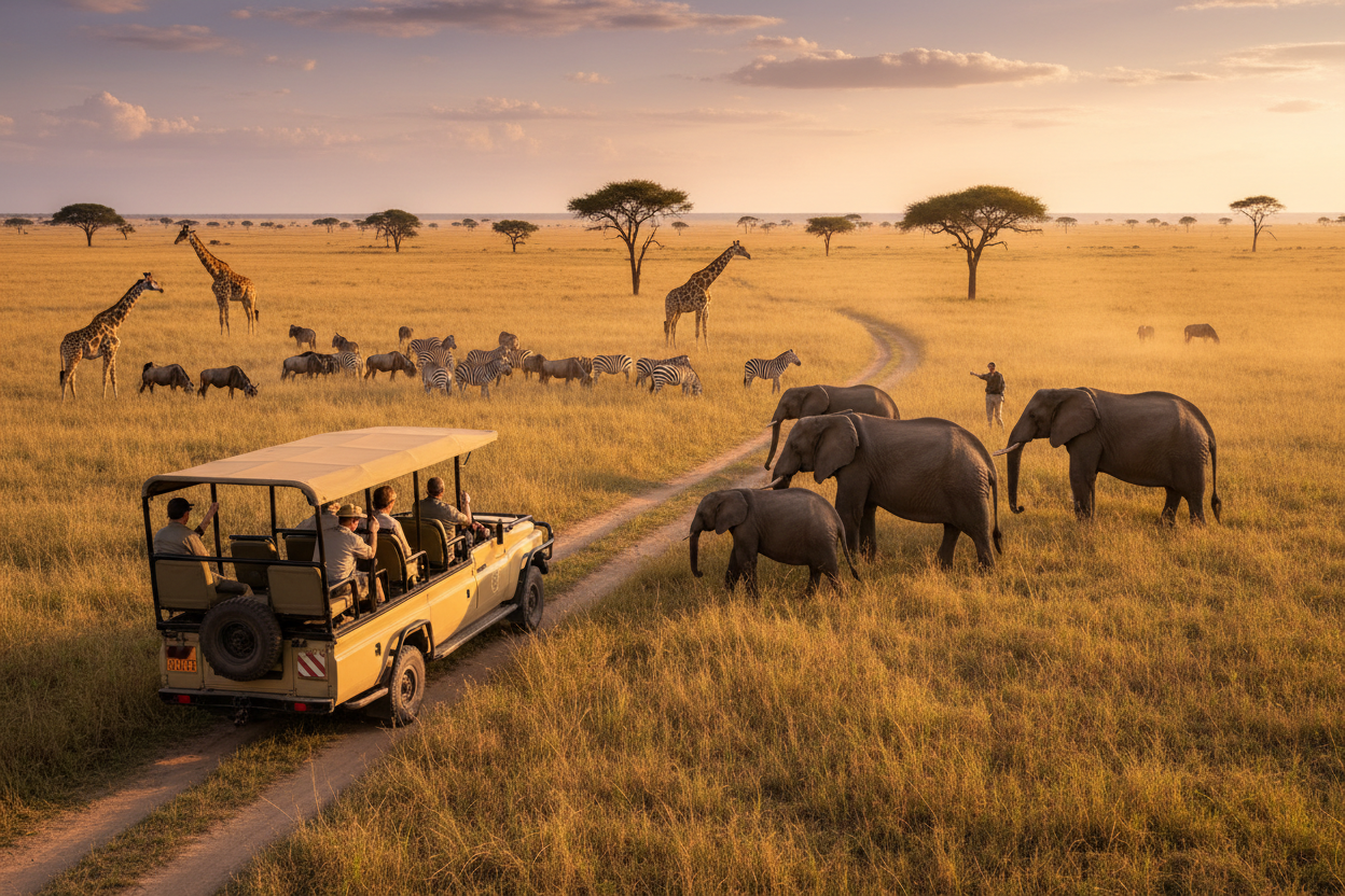 Safari vehicle with tourists observing elephants and giraffes in a grassy savannah at sunset.