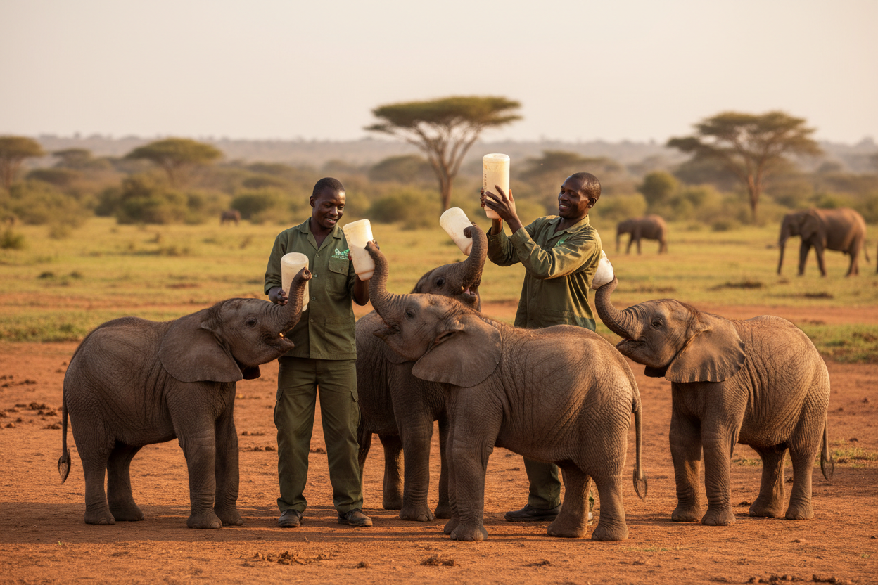 Two men with elephants in a savannah setting